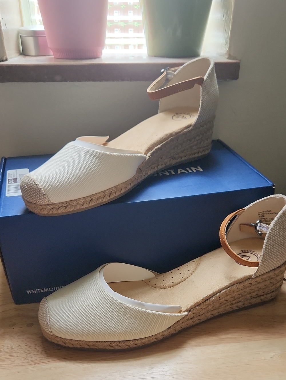 White Mountain White Canvas Espadrille Wedge Sandals with Tan Ankle Strap